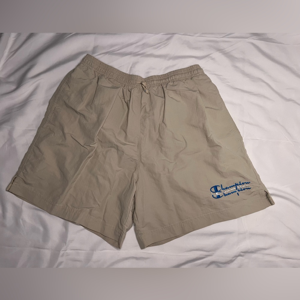 Champion Beige Shorts with Blue Logo Tag